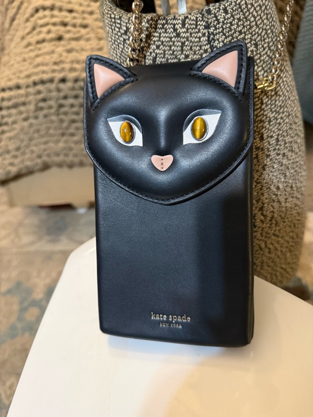kate spade Black Cat Leather Crossbody Phone Pouch with Gold Chain